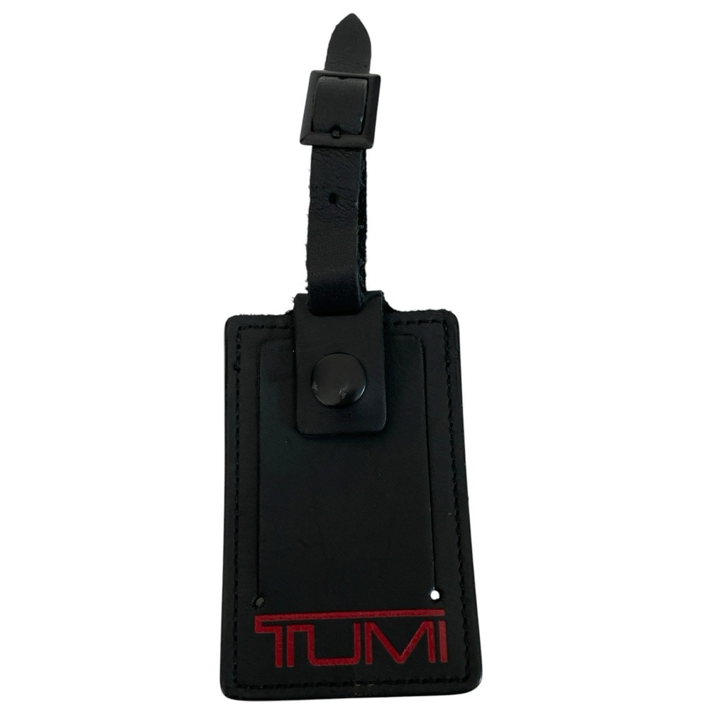 Classic Tumi Black Red Logo Leather Luggage Bag ID Tag 4" x 2.5"
